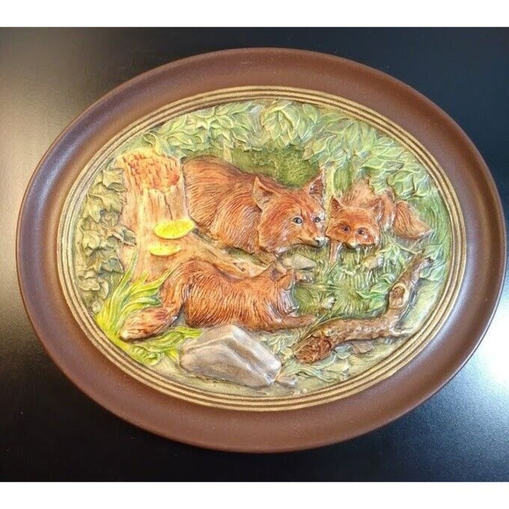 Vintage Holland Mold Fox Plaque Oval Chalkware Baby Foxes 1973 Brown Green